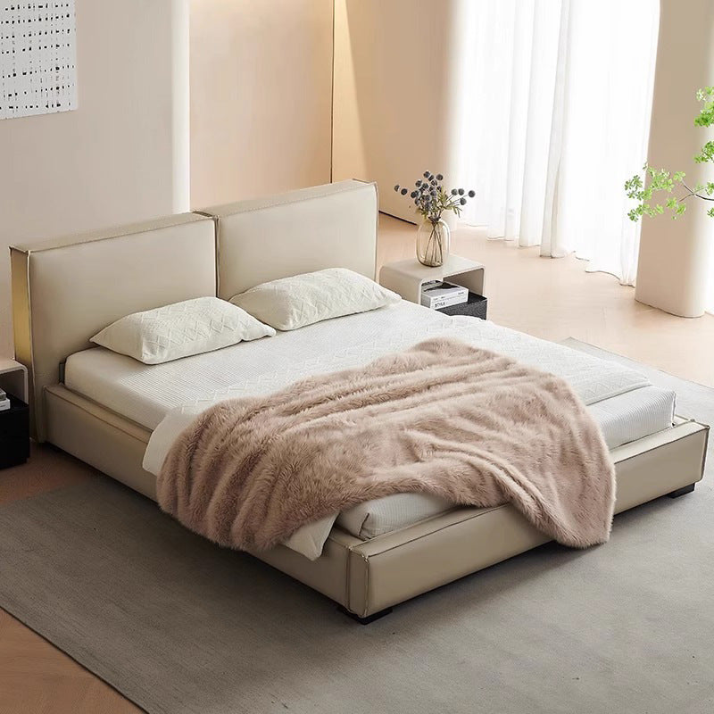 Source factory cream style tofu block genuine leather bed popular french 1.8m double bed master bedroom