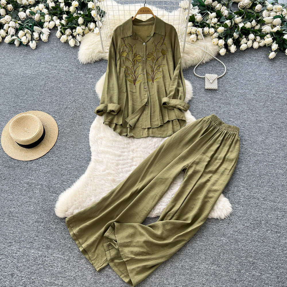 Lazy style pink embroideringshirtloose pantstwo-piece set female autumcasualcasualwork clothingslimming lookelegantsuit