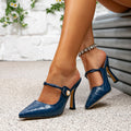 Blue crocodile-embossed pointed-toe mule heels with pearl buckle strap, stiletto sandals, fashionable vintage style, cross-border amazon