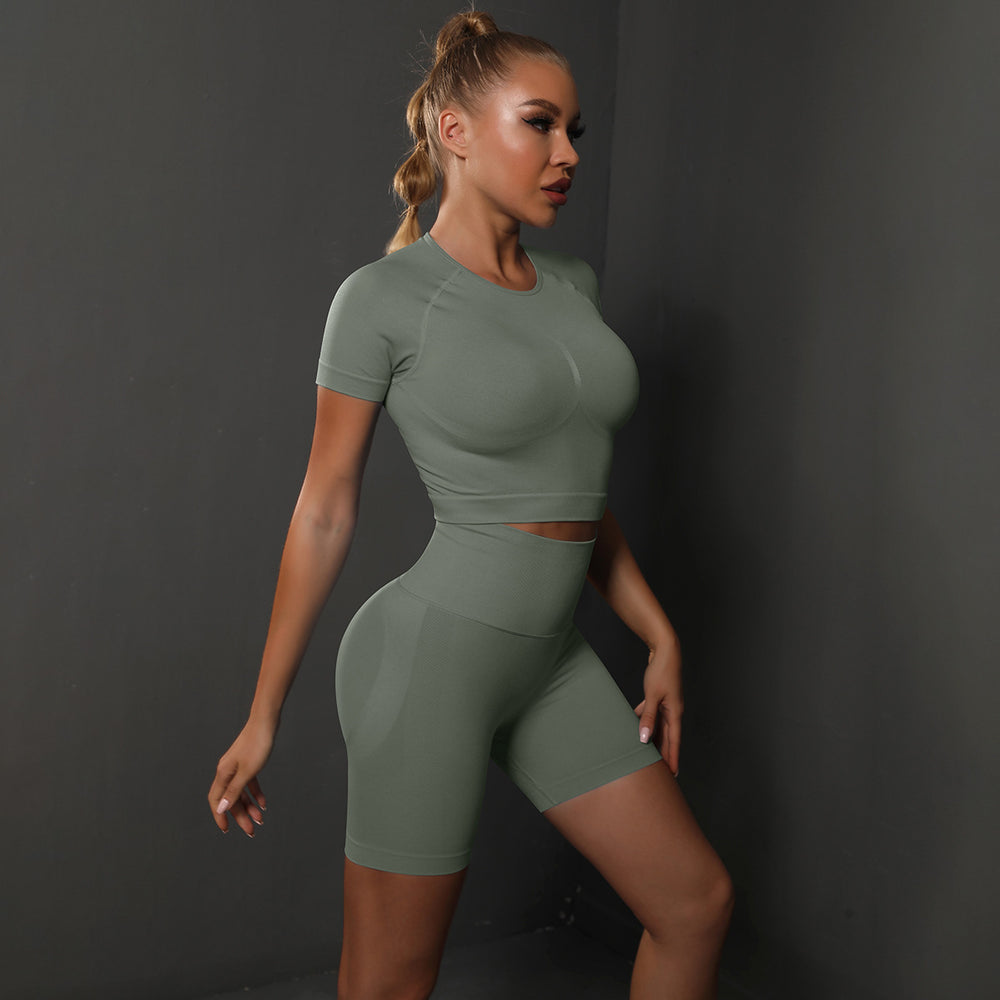 fashion seamless peach butt pure color high elastic yoga short sleeve shortssuitrunning sports fitness two-piece set
