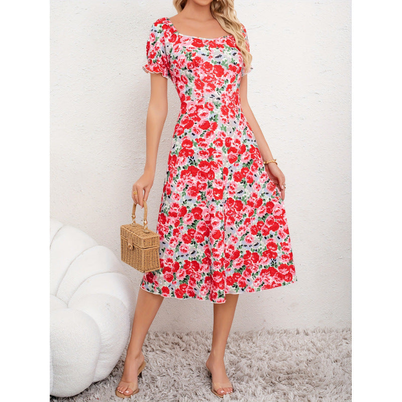 Aliexpress new arrival: women's elegant floral print vacation dress with square neck