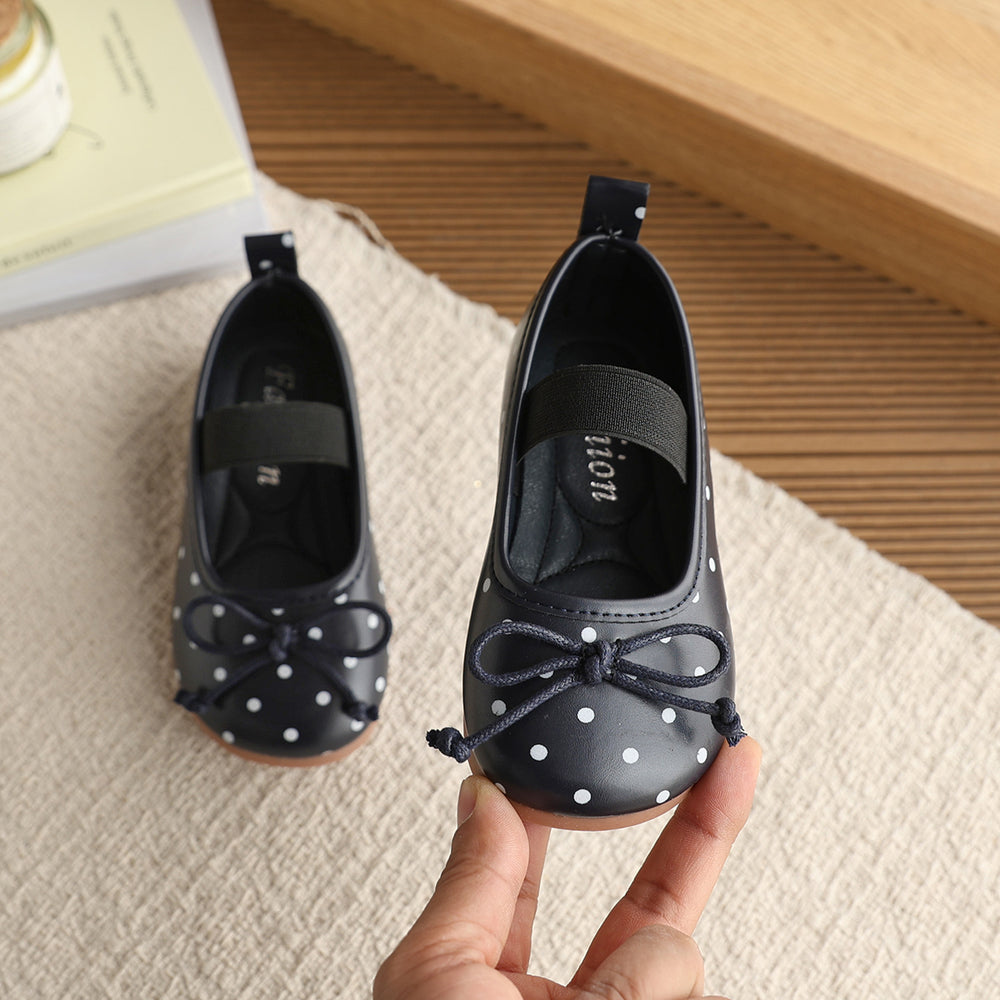 Vancahao girls' korean style polka dot princess shoes,  spring new collection, children's bowknot leather flats, low-cut single shoes