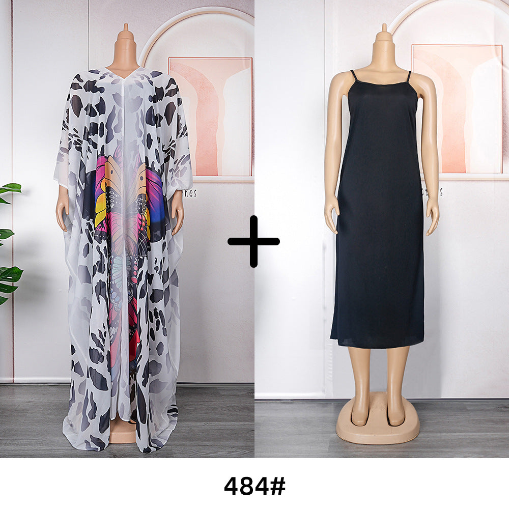African women's plus size printed holiday beach dress loose sun protection robe  chiffon dress two-piece set