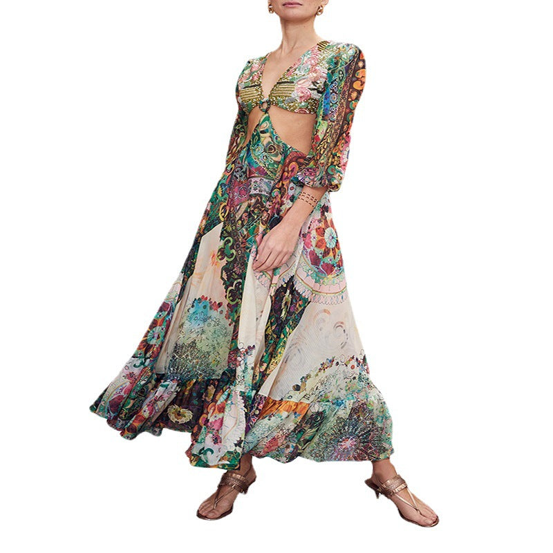 Amazon style long dress - slimming and height-enhancing - 2025 new women's elegant printed dress with round neck and floral print