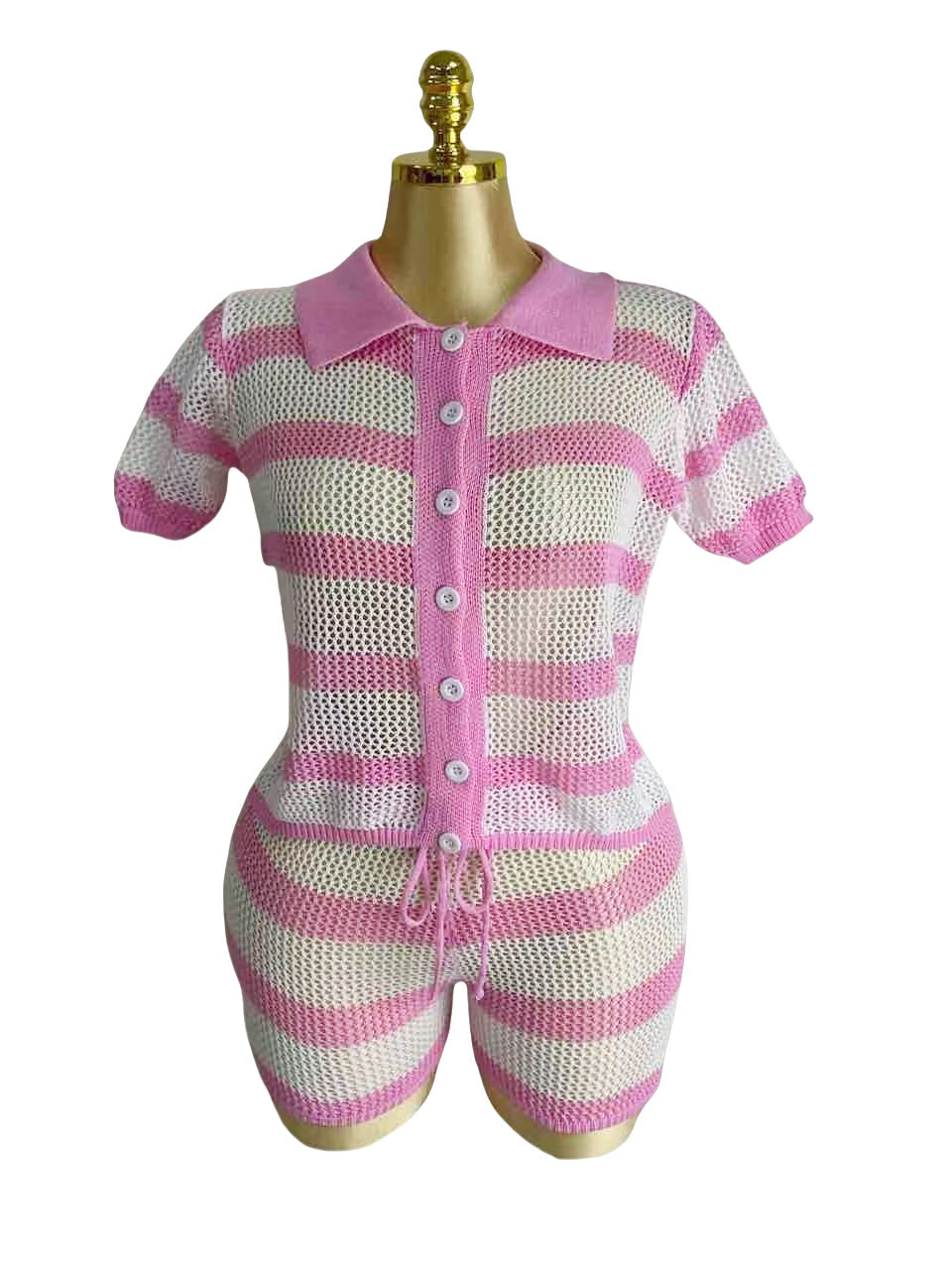 European and American knitted lapel retro striped loose version cardigan top high waist shorts women's beach pants set