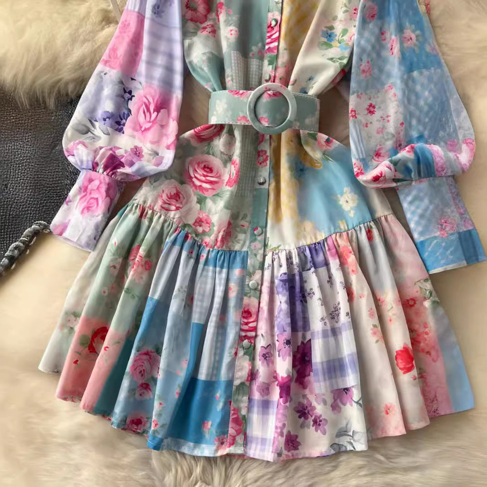 European and american style printed dress - women's niche luxury stand collar lantern sleeve cinched waist single-breasted ruffle hem mini dress