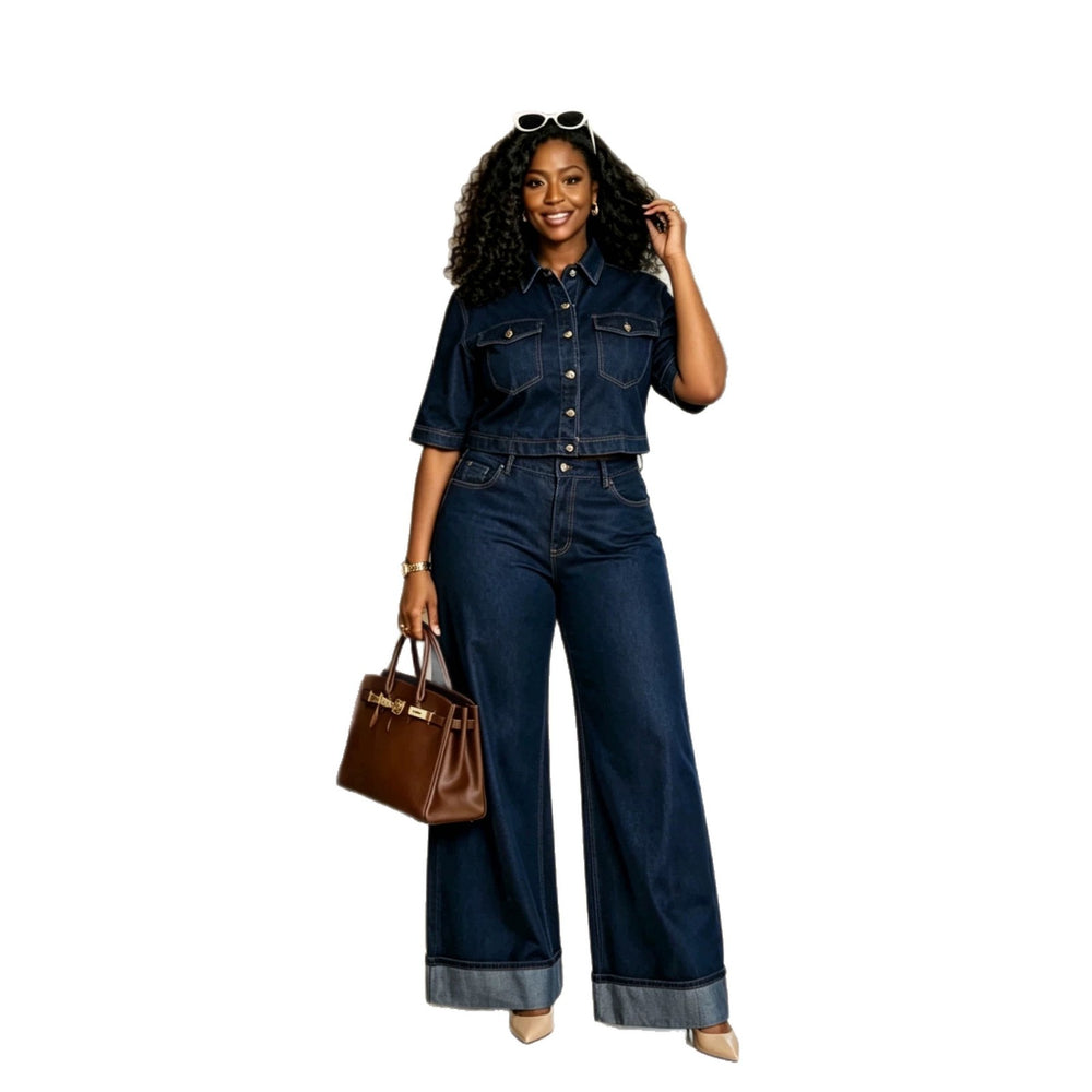 Amazon  cross-border high-quality fashion trendy casual summer five-sleeve denim set for women