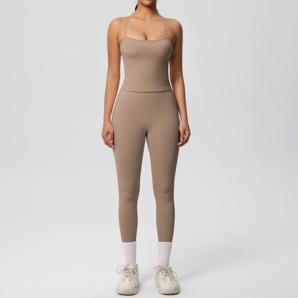 Ready-to-ship, solid color, nude-feel, double-sided brushed, racerback, form-fitting activewear yoga set – perfect for running and fitness. two-piece set
