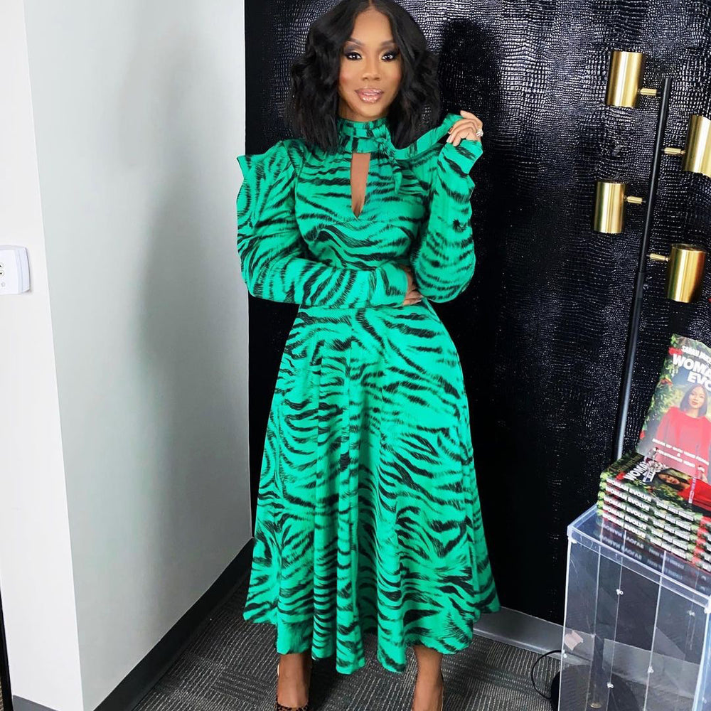 D3065m european and american style women's autumn/winter elegant commute long sleeve high waist flared print plus size african dress (cross-border)