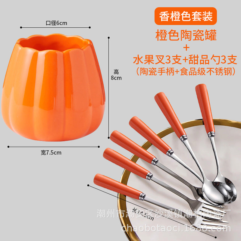 Stainless steel fruit fork set with premium ceramic storage jar, fruit picks, home watermelon forks, and stylish spoons