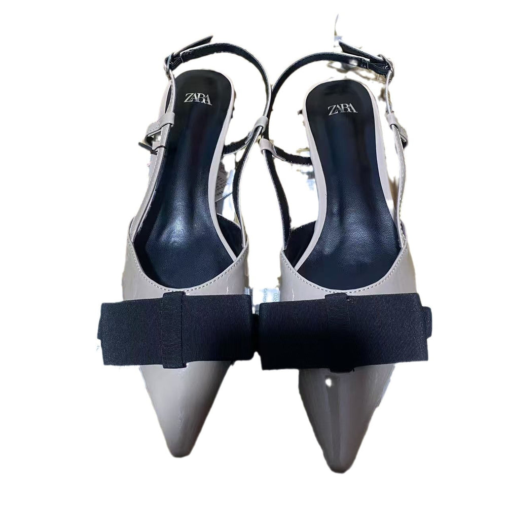 Za2024fall and winternew arrival color matching patent leather bows decorated mid-heeled shoes women's toe cap small fragrant style pointed toe flats sandals