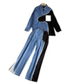 Hong kong style retrocasualsuit women's k-stylecontrast colorpatchwork denim shirt + high waistlooseloose pantstwo-piece set