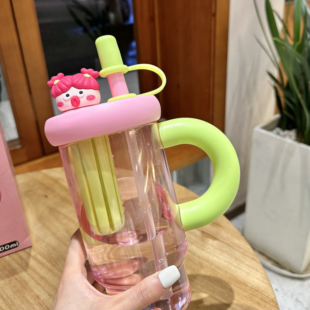 Summer high-looking tea warehouse plastic cup cartoon large capacity handle straw cup student outdoor portable ice straw