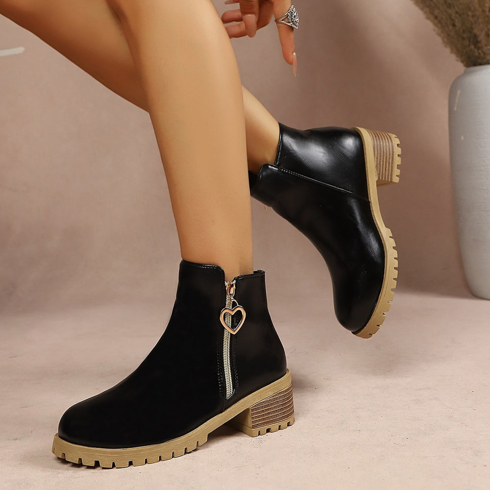 plus size side zipper short boots for women autumn winternew arrival round toe british style thick heel heart metal buckle boots