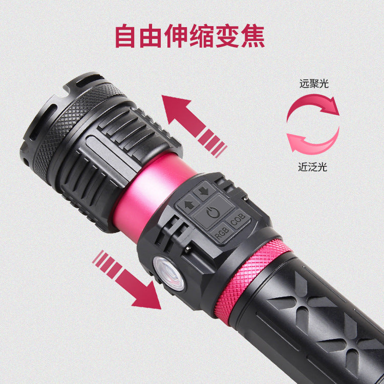 Cross-border new XHP-160 strong light intelligent power blue red green white light retractable USB charging high power flashlight