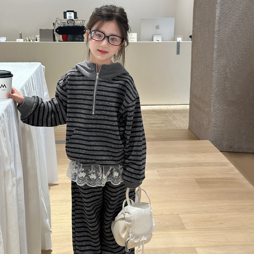 Girls' outfit set:  spring/autumn new korean style striped hoodie and wide-leg pants two-piece casual trendy set for mid-to-large children