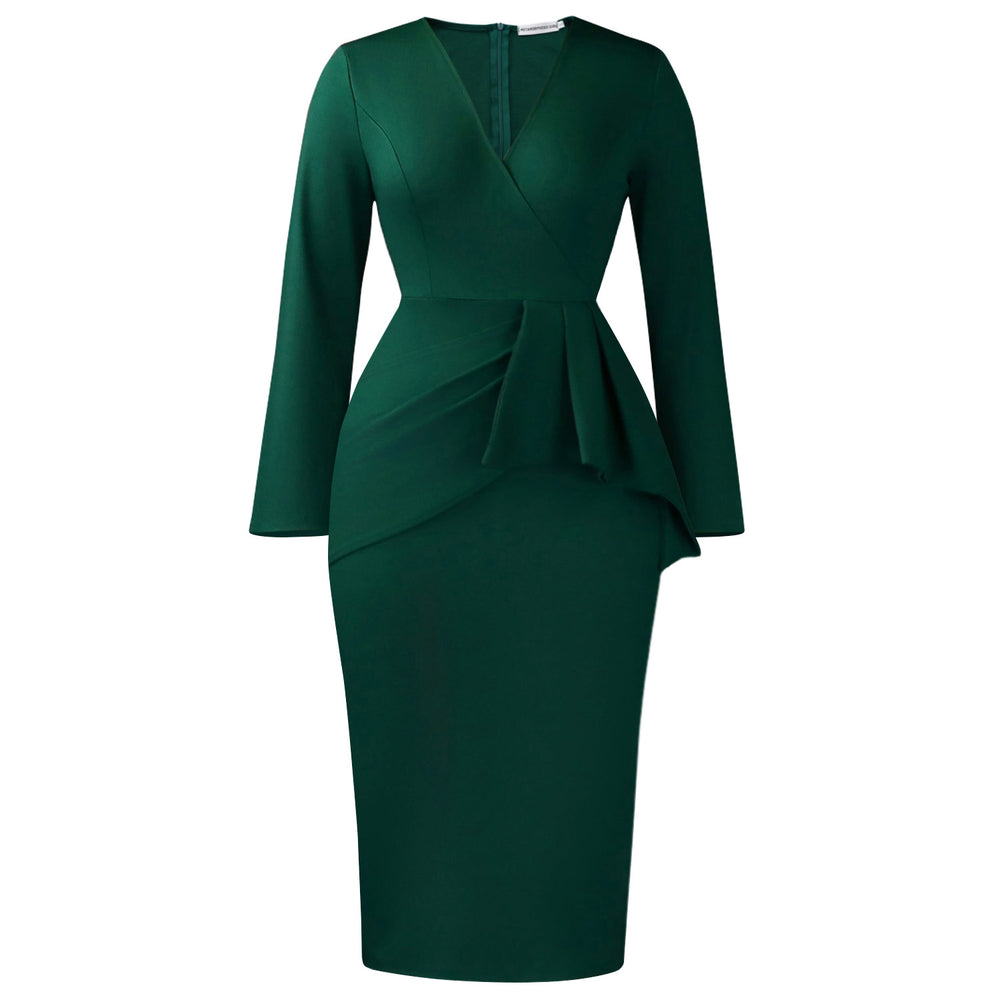 D606 european and american women's clothing  fall/winter fashion v-neck long sleeve solid color pleated bodycon office lady african dress