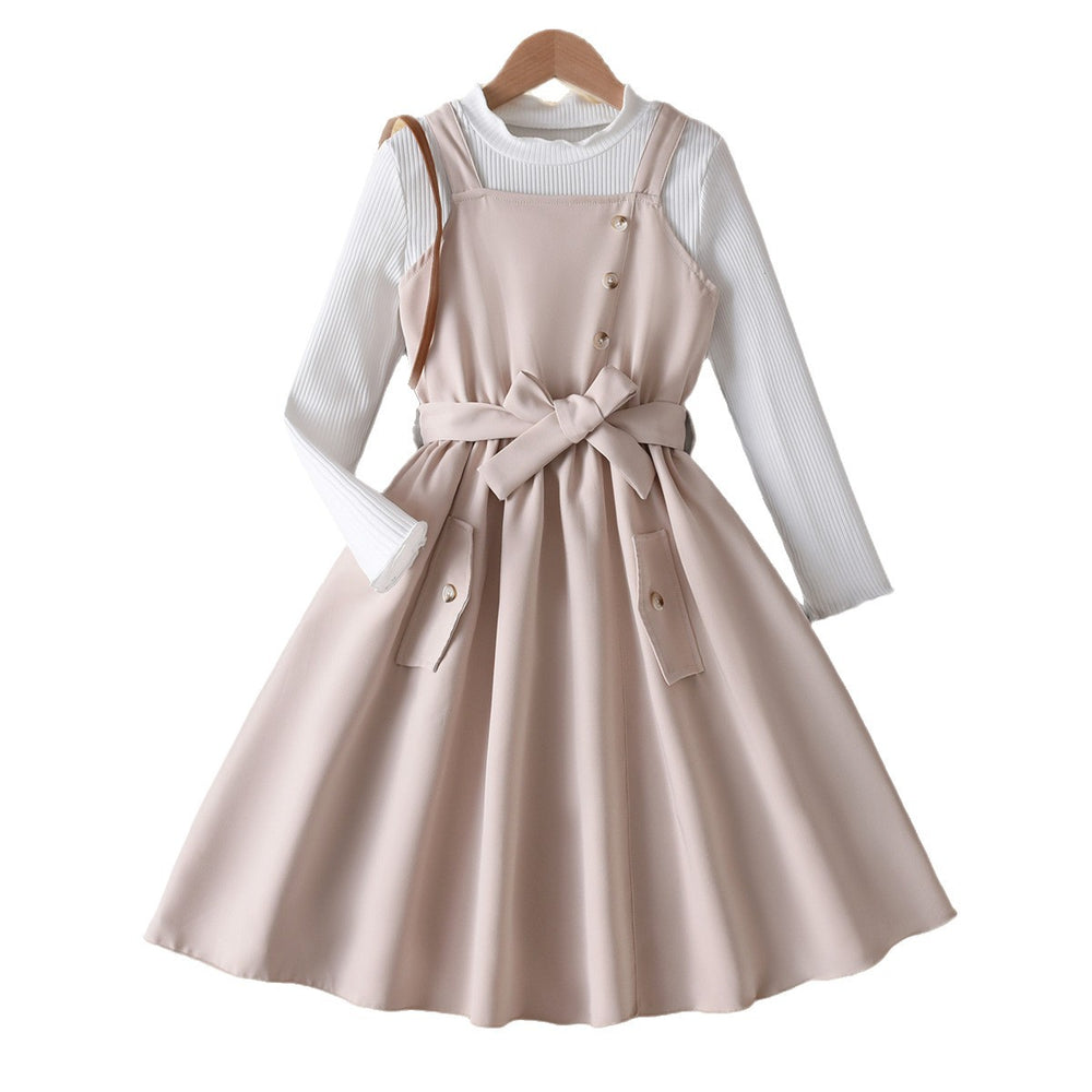 girls' beige sundress with long-sleeve top and bow belt - two-piece outfit