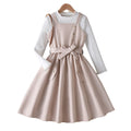 girls' beige sundress with long-sleeve top and bow belt - two-piece outfit