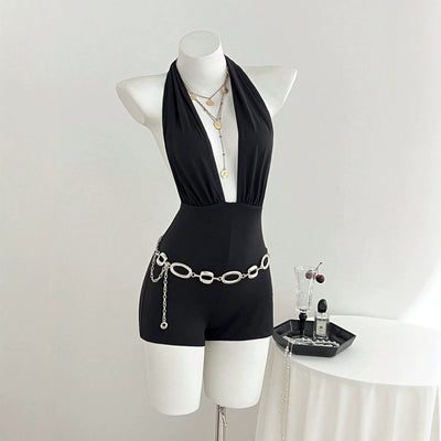In stock-95328# cross-border sexy hot girl deep v halterneck tie back bow backless tight jumpsuit