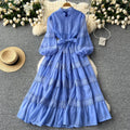 Luxury french-style lantern sleeve dress - women's summer lace patchwork tie-up slimming design elegant maxi dress