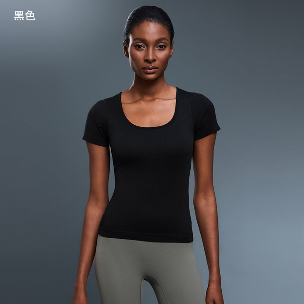 Seamless all-in-one woven yoga clothes with chest pad breathable fitness t-shirt silmslimming look sports short-sleeved women's summer d25074