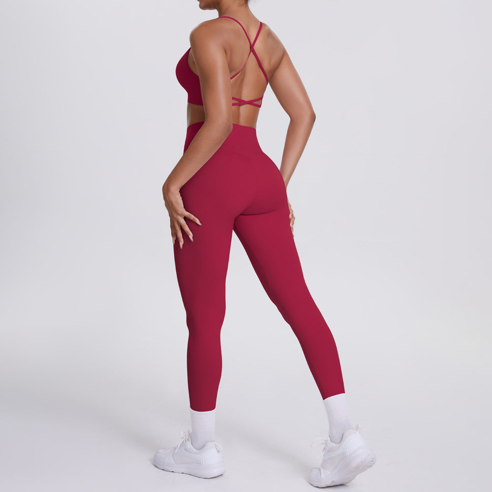 New arrival cross-border fashion double-sided nylon beautiful back tight cross sports yoga suit running fitness two-piece set