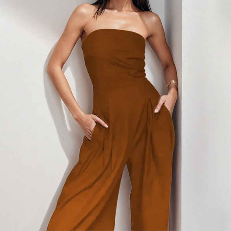 cross-border european and american women's clothing: new summer collection - elegant solid color bandeau high-waisted slimming wide-leg jumpsuit