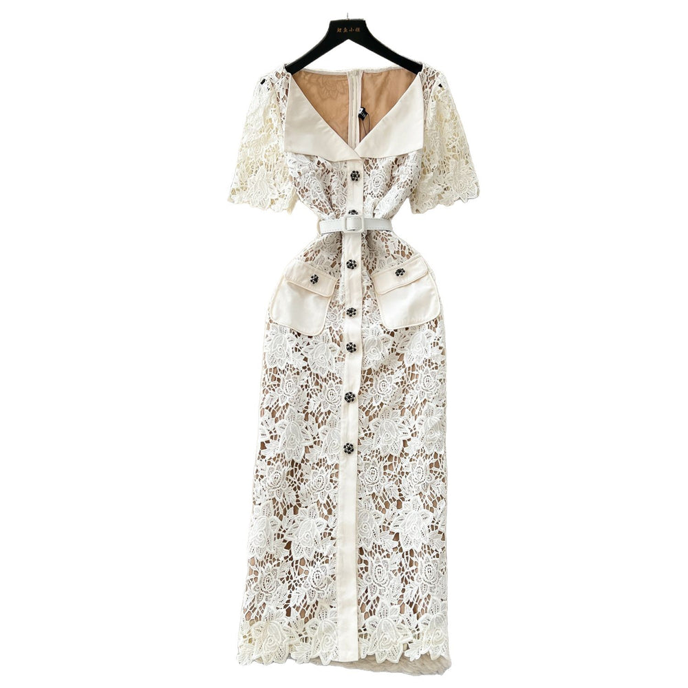 Luxury chic court style collared dress - women's summer hollow-out crochet embroidery single-breasted design exquisite maxi dress