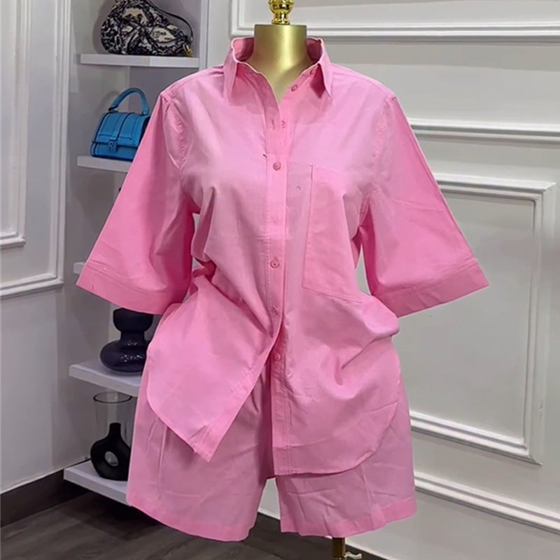 European and american cross-border women's fashion:  autumn new collection - solid color turn-down collar loose-fit short sleeve shirt and wide-leg shorts set