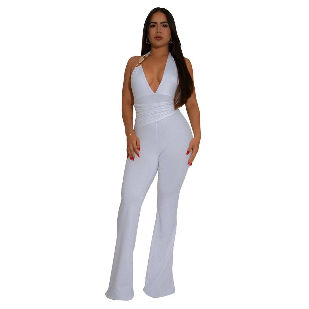 C7329 cross-border   fashion women's strappy sexy deep v halter neck solid color jumpsuit new