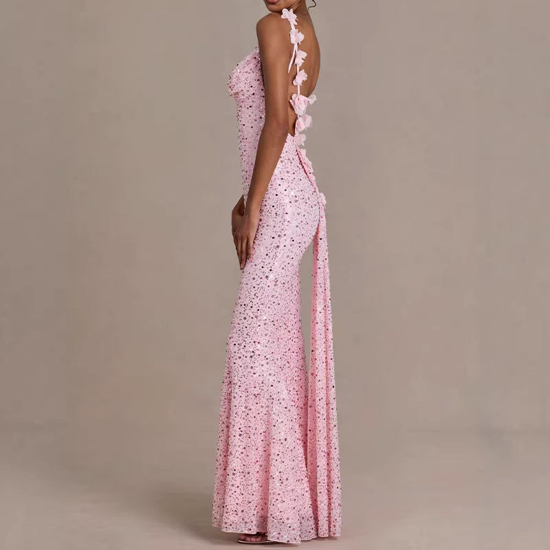 european and american cross-border celebrity style sequin beaded tube top mermaid dress evening party backless slim fit maxi dress
