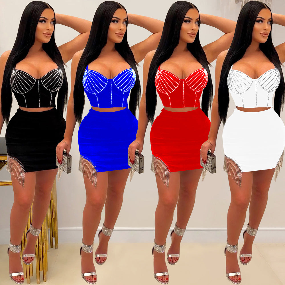 C6233 cross-border   fashion women's hot diamond sleeveless suspender skirt two-piece set