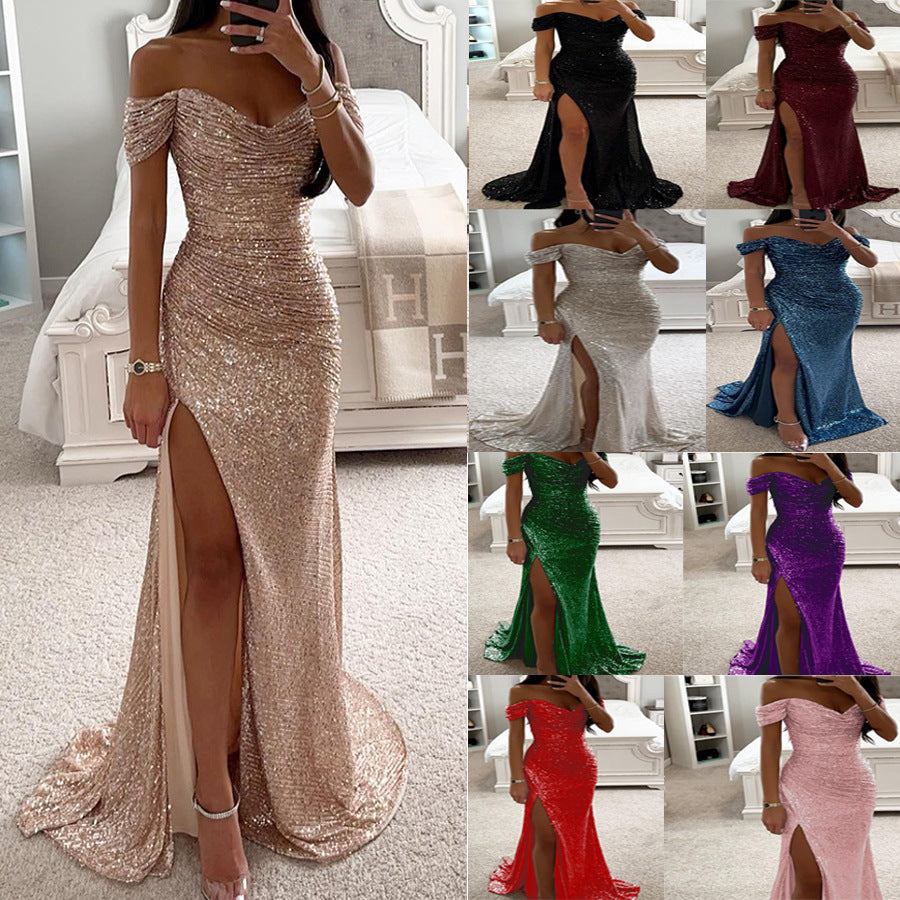 european and american new arrival sequin off-the-shoulder slit dress - ins casual fashion women's dress
