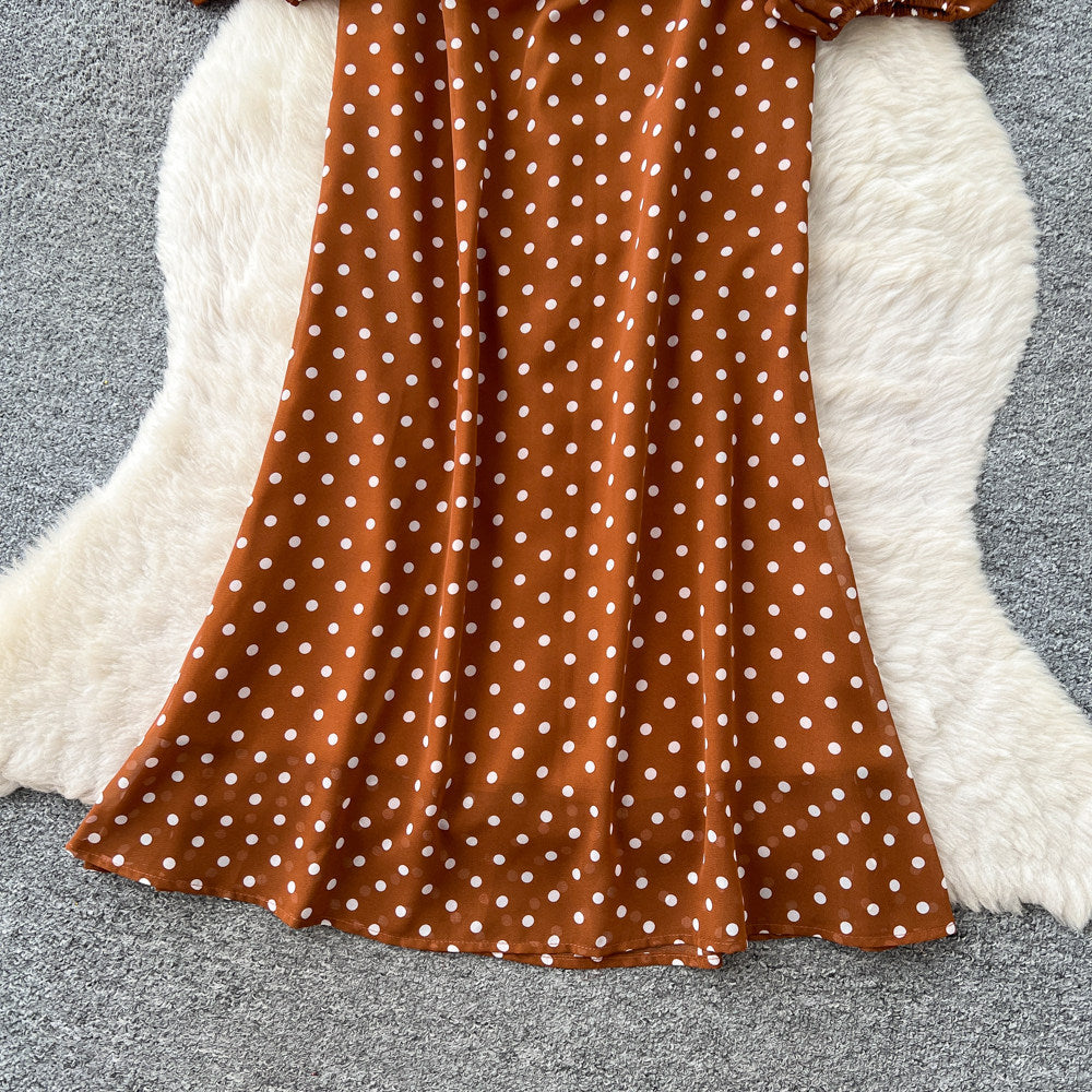 Vintage polka dot v-neck puff sleeve dress - women's summer slimming midi work dress