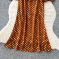 Vintage polka dot v-neck puff sleeve dress - women's summer slimming midi work dress