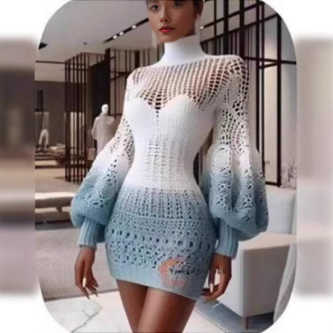 european and american women's clothing cut outlong sleevesknittingbest sellingsexy lantern sleeve gradient color sweater