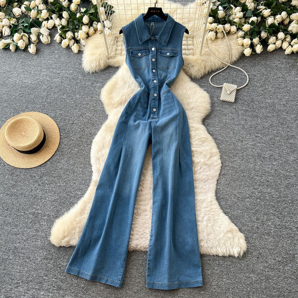 Commuting style casualsilm denim jumpsuit women's summerstraight-legpants sleeveless lapel button waist slimming look