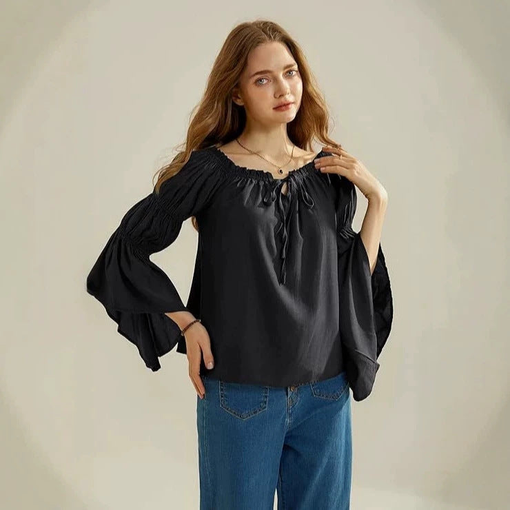 fashion renaissance shirt off-shoulder bell sleeves rufflescasualloose one-shoulder tops