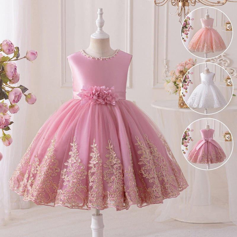 Girls' princess dress - sweet style, european & american chic, runway-inspired gown, flower girl wedding dress, round neck, children's mid-length, customizable