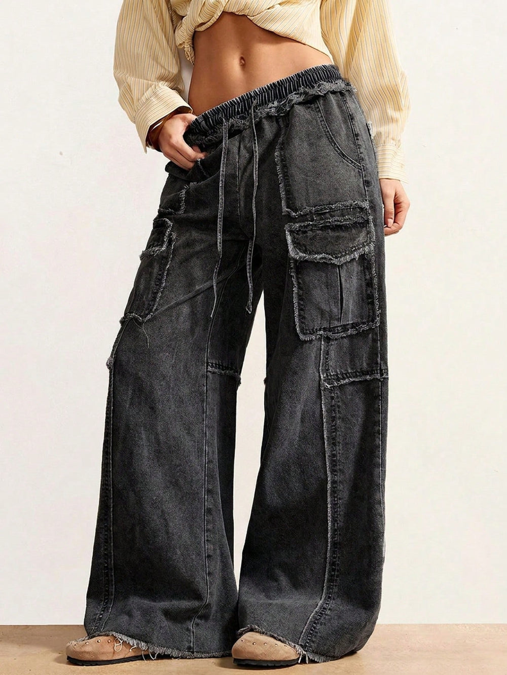 European and american style women's drawstring elastic waist raw hem wide leg cargo jeans - vintage washed multi-pocket denim pants