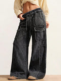 European and american style women's drawstring elastic waist raw hem wide leg cargo jeans - vintage washed multi-pocket denim pants