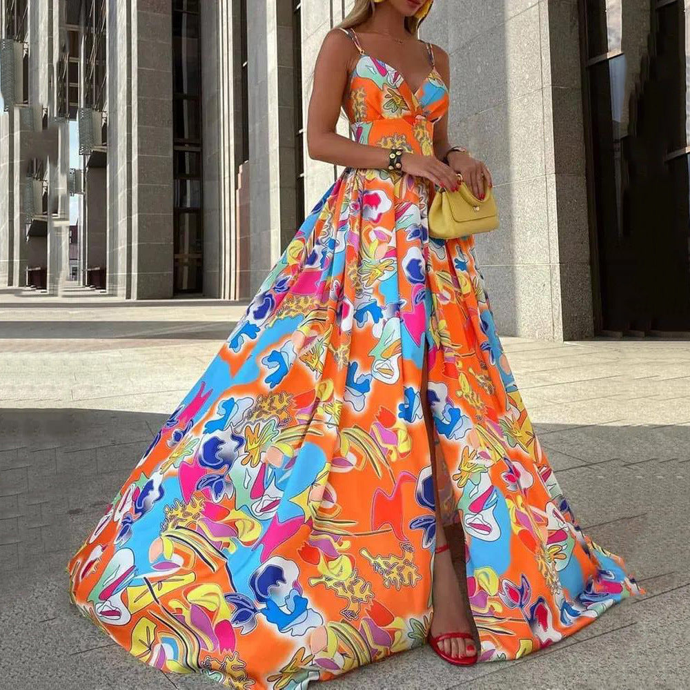 Y9284  cross-border summer new european and american women's chiffon printed dress - bohemian vacation style
