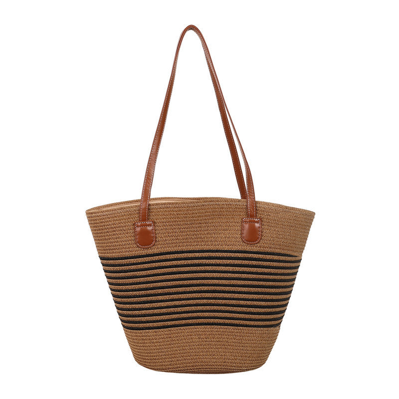 Large capacity straw woven bag women's new patchwork striped handbag fashionable knitted bag high-end tote beach bag