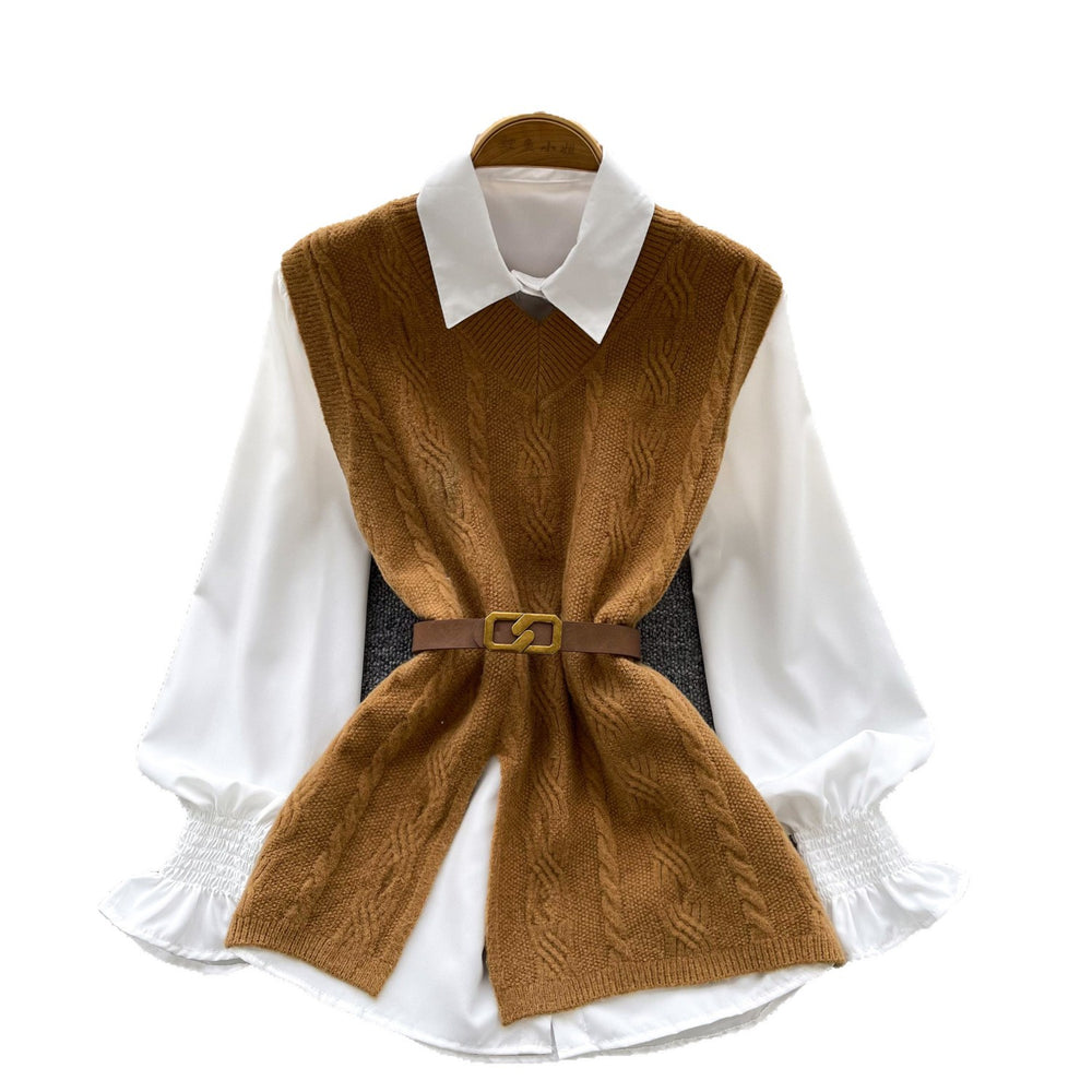 Korean style age-defying layered two-piece set: chic and versatile sleeveless slit knit vest with a stylish white long-sleeve shirt