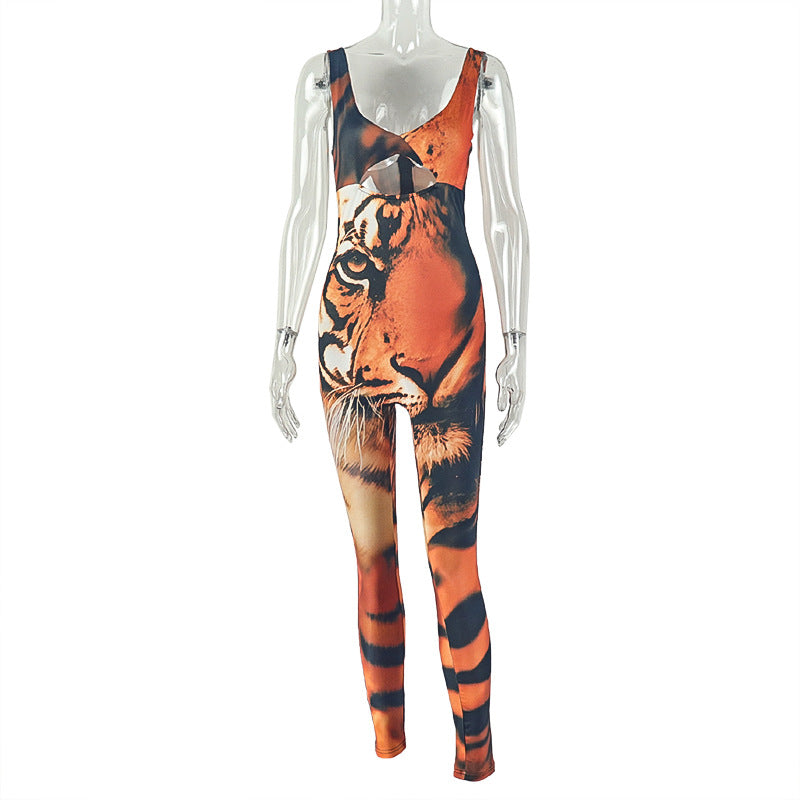 European and american style cross-border stylishprinting women's street niche suspender jumpsuit with chest wrap sexy tiger print long jumpsuit