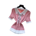 Gentle wind doll collar bowsknitting shirt for women summercasualcasualcontrast colorsweeteasiest for matcheleganttops
