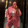 Fashion cross-border women's clothing  spring new arrivalelegantcasual lapel loosestripesshirt wide leg shortssuit