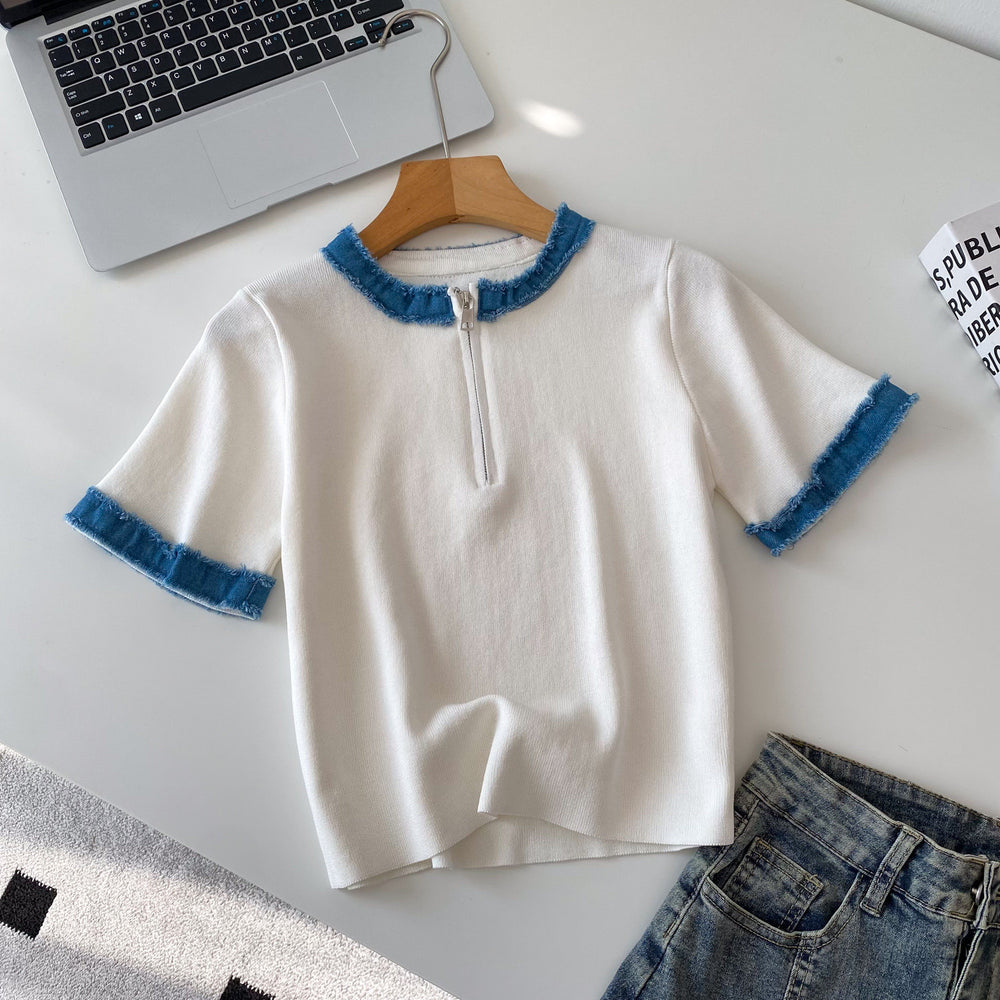 Korean style color block knit top - women's summer short sleeve crew neck half-zip cardigan - versatile, trendy, and designer-inspired top