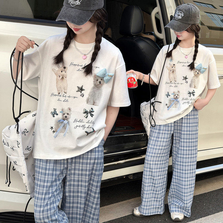 girls' summer wide-leg pants set: short-sleeve plaid t-shirt and pants two-piece outfit for girls, cute and casual